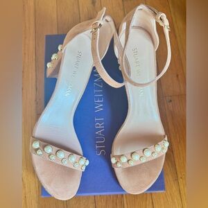 Stuart Weitzman Pearls Suede Leather Block Heels Sandals